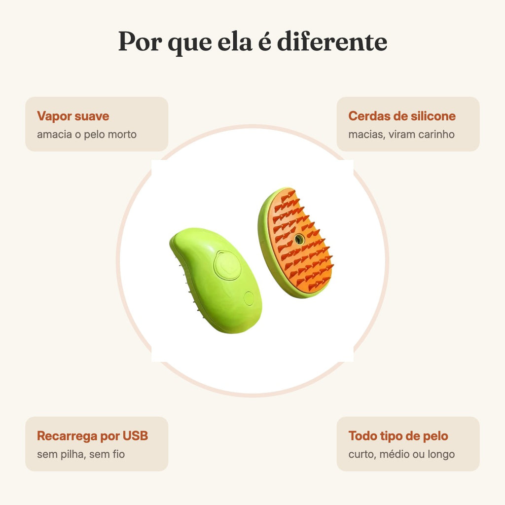 Benefícios da escova a vapor: vapor suave, cerdas de silicone, recarrega por USB, todo tipo de pelo