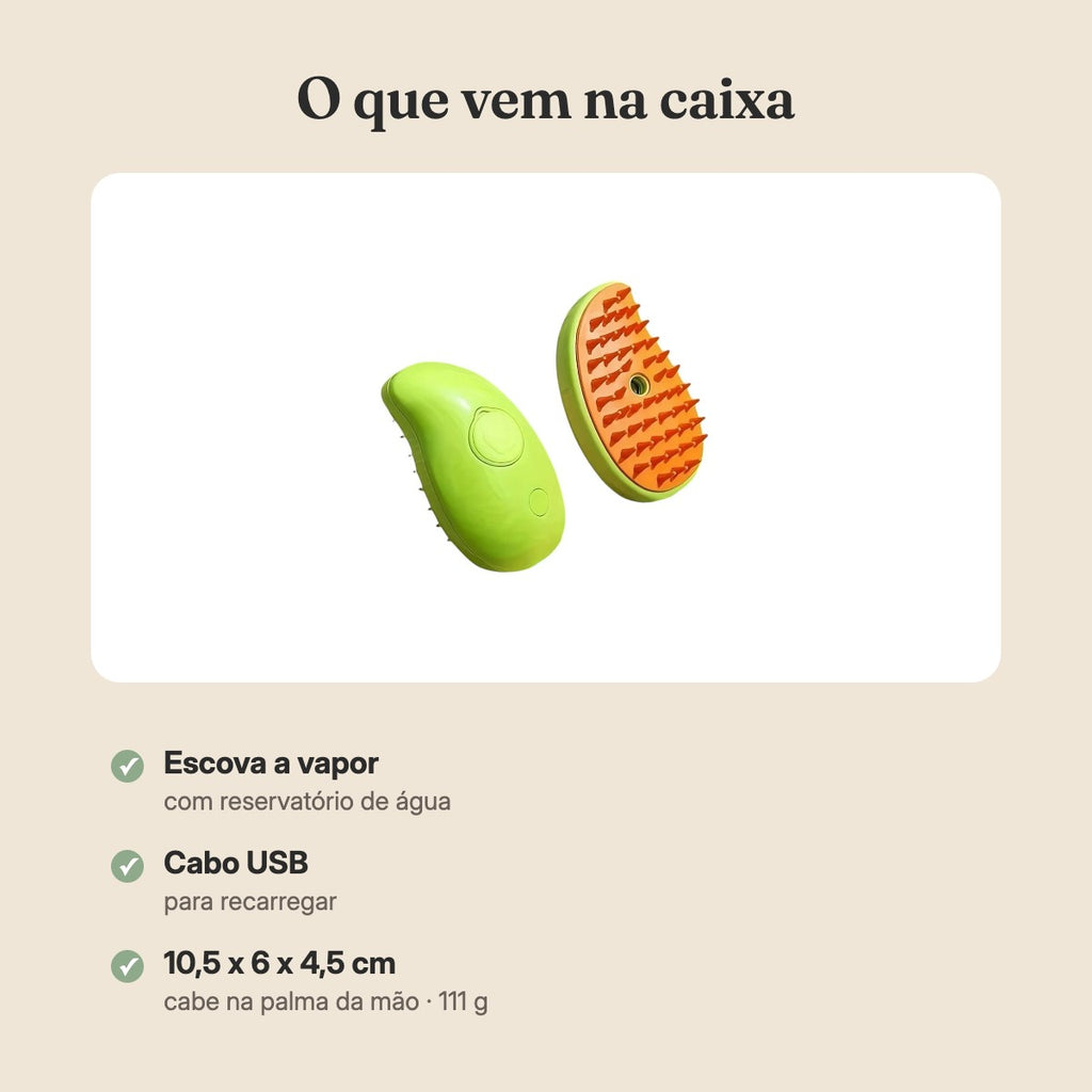 O que vem na caixa: escova a vapor e cabo USB, medidas 10,5 x 6 x 4,5 cm