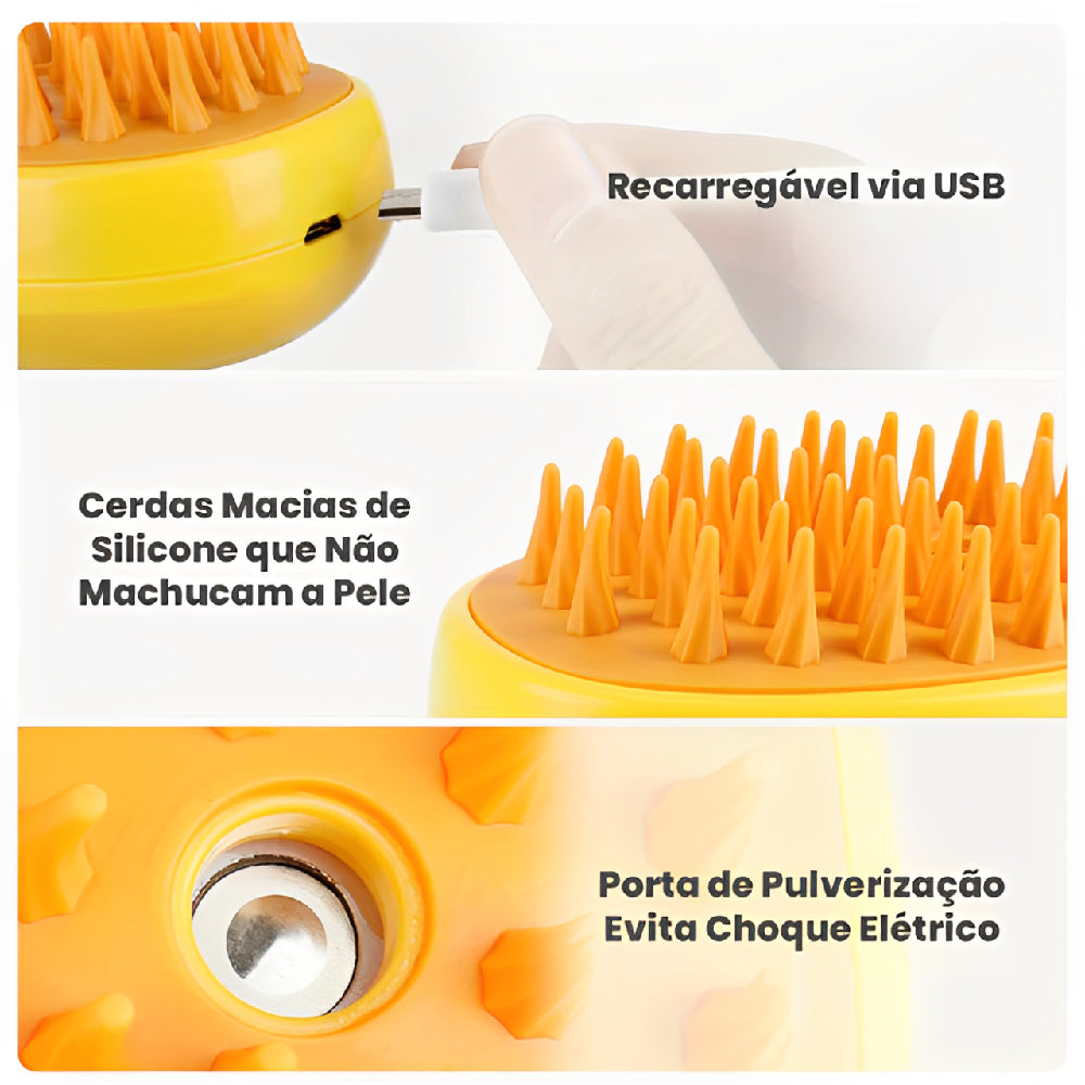 Detalhes da escova a vapor: recarga USB, cerdas de silicone e saída de névoa