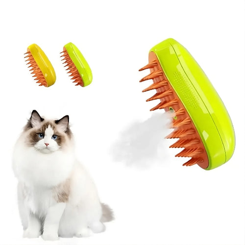Escova a vapor soltando névoa suave ao lado de um gato