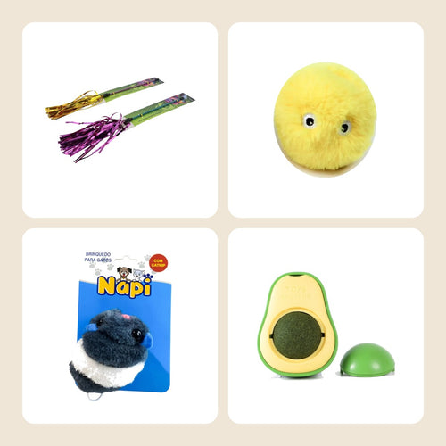 Kit Gato Feliz: varinha pom-pom, bolinha com som, ratinho com vibração e abacate de catnip