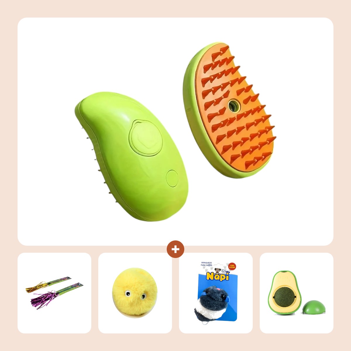 Kit Presente Gatice: escova a vapor, varinha, bolinha com som, ratinho e abacate de catnip